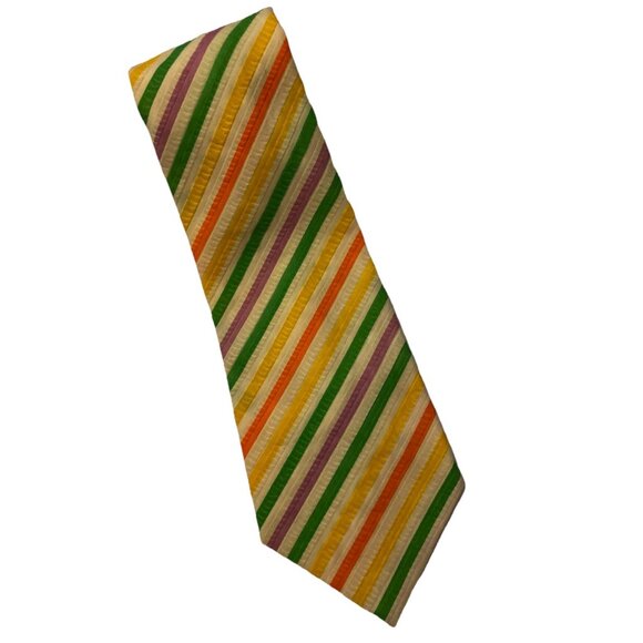 VTG Unbranded RN 13407 Green Orange White Multi Striped Seersucker Tie 51” Long - Picture 2 of 8